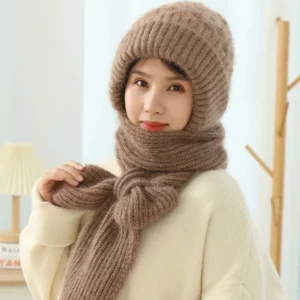 Women's all in one knitted Scarf and Beanie Cap